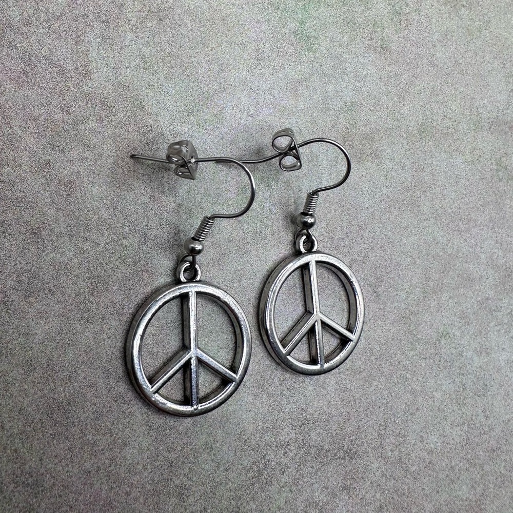 Nickel Free Silver Peace Sign Dangle Earrings - Picture 3 of 6